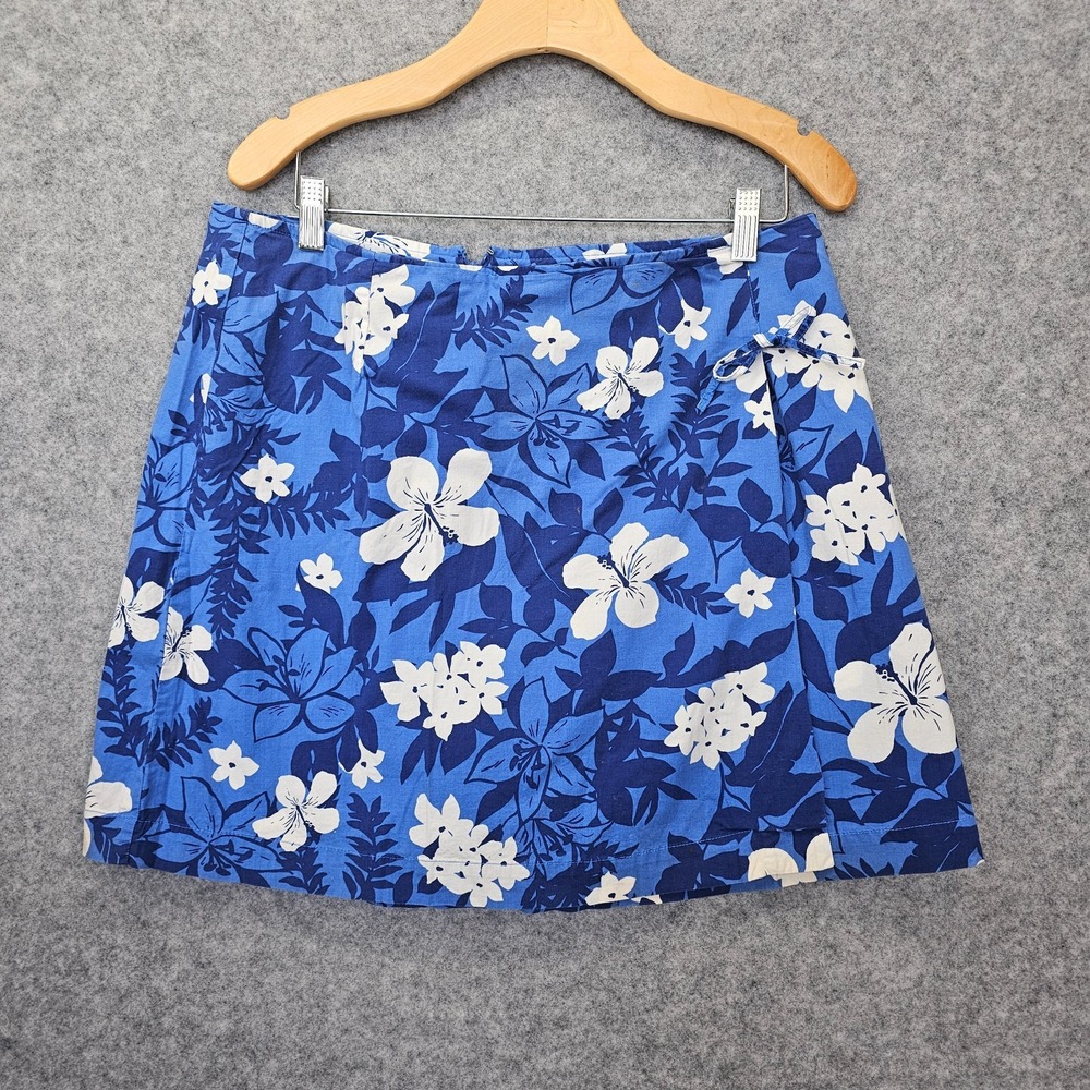 Y2K Tropical Floral Skort Women L 14 Blue Hawaiian Hibiscus Summer WHITE STAG
